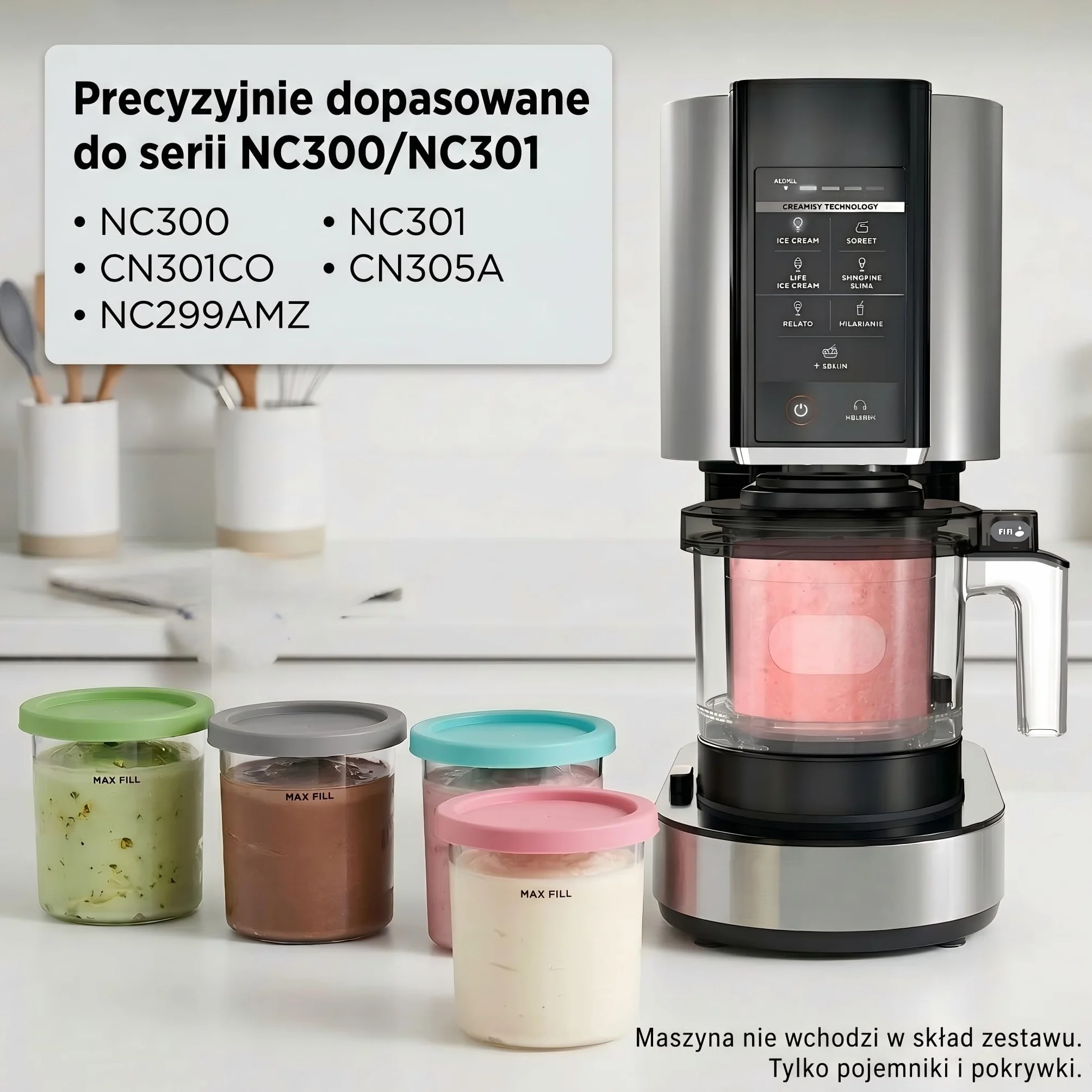 Zestaw 4 pojemników zapasowych do Ninja Creami serii NC301, 473 ml, pojemniki na lód z pokrywkami, kompatybilne z NC300 NC299AMZ, nie zawierają BPA, szczelne, akcesoria do lodów białkowych i