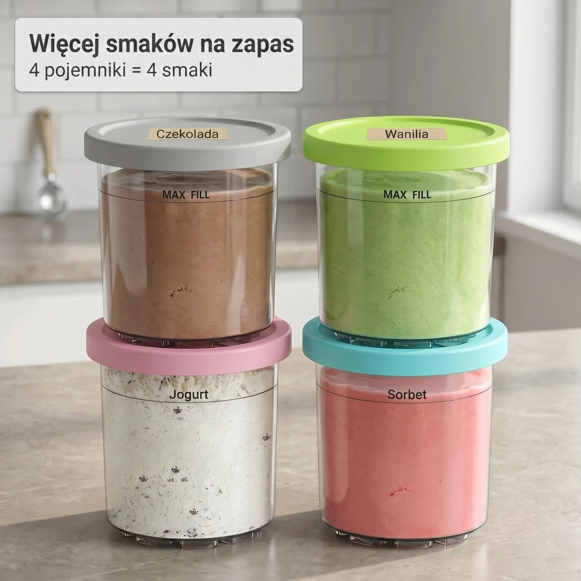 Zestaw 4 pojemników zapasowych do Ninja Creami serii NC301, 473 ml, pojemniki na lód z pokrywkami, kompatybilne z NC300 NC299AMZ, nie zawierają BPA, szczelne, akcesoria do lodów białkowych i